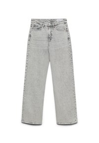Lichtgrijze high-waist rechte jeans met een knoopsluiting en rits aan de voorkant, vijf zakken en subtiele naaddetails.