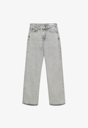 Hellgraue Jeans mit hoher Taille und geradem Bein, vorne mit Knopf und Reißverschluss, fünf Taschen und dezenten Nahtdetails.