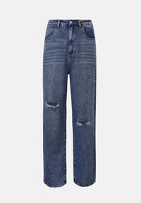 High-waisted, straight-leg jeans in medium blue denim with distressed knee rips and subtle fading, featuring traditional pockets and belt loops.