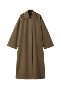 Cappotto lungo in misto cotone marrone, con colletto, due tasche frontali e maniche ampie, caratterizzato da un taglio dritto e un design minimalista.