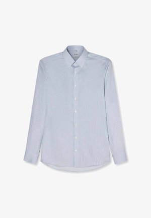 Light blue long-sleeve button-down shirt with thin white vertical stripes and a pointed collar laid flat on a white background.