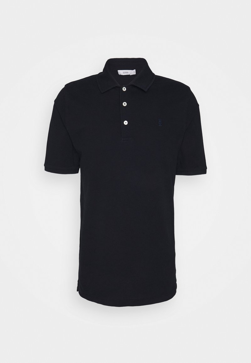 Polo noir à manches courtes avec col et trois boutons blancs, présenté sur un fond blanc uni.