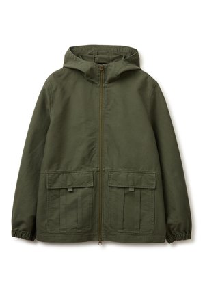 Olivgrüne Kapuzenjacke mit Frontreißverschluss, zwei großen Klappentaschen und elastischen Bündchen an den langen Ärmeln.