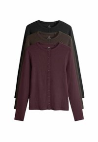 Set aus drei Langarm-Strickjacken in bordeauxrot, dunkelgrün und schwarz. Verfügt über einen runden Halsausschnitt und eine Knopfverschluss vorne.