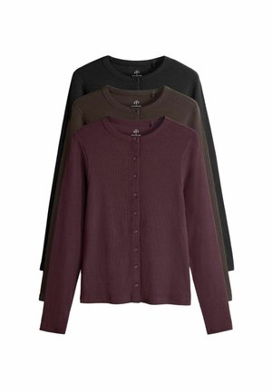Ensemble de trois cardigans à manches longues en bordeaux, vert foncé et noir. Comprend un col rond et une fermeture à boutons sur le devant.