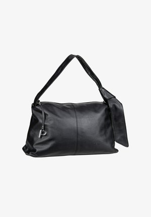 Black leather shoulder bag with a single strap, silver zipper, small silver charm, and subtle embossed brand name on front.