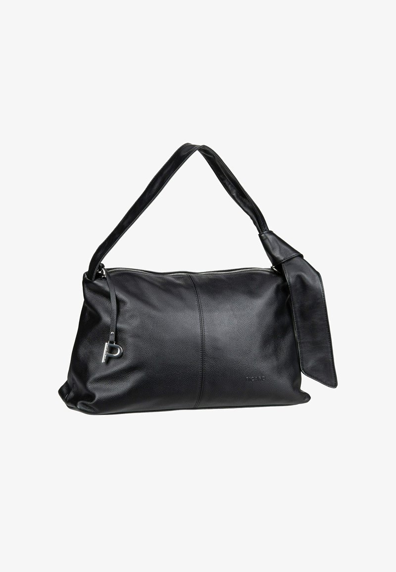 Sac à épaule en cuir noir avec une seule bandoulière, fermeture éclair argentée, petit charme argenté et nom de marque subtilement embossé sur le devant.