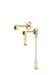 Goldfarbene Ohrringe mit einem grünen Stein-Cabochon und einer hängenden Kettenverbindung mit einem klaren rechteckigen Stein-Detail. Detaillierte Handwerkskunst erkennbar.