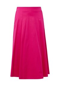 Jupe A-line rose en tissu lisse, dotée d'une taille haute et de plis qui s'étendent de la taille à l'ourlet.