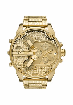 Goldene Diesel-Armbanduhr mit Multi-Zeitanzeigen, Chronograph-Zifferblättern, Datumsfenster und gemustertem Metallarmband.
