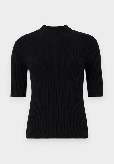 Black ribbed knit top with a high neckline and short sleeves. Features a fitted silhouette and textured material.