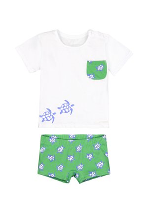 Camiseta blanca de manga corta para niño pequeño con estampados de tortugas azules y pantalones cortos verdes a juego con patrón de tortugas azules.