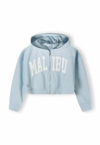 Ljusblå kort hoodie med vit text "MALIBU", hel dragkedja, dragsnodd på huvan och ribbade ärmslut och nederkant. Mjuk tygtextur.