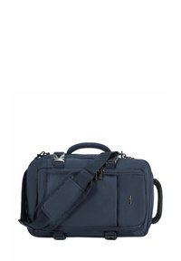 Granatowa torba sportowa z tkaniny, z podwójnymi uchwytami, regulowanym paskiem na ramię, przednią kieszenią na zamek oraz srebrnymi akcentami wykonanymi z metalu. Fakturowana panel na uchwycie.