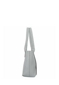 Borsa in pelle grigia con una forma strutturata e una base piatta. Presenta due manici di lunghezza media e una texture a ciottoli. Nessun hardware visibile.