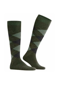 Calze fino al ginocchio con un motivo argyle verde e nero, realizzate in tessuto a maglia testurizzato con polsini a costine.