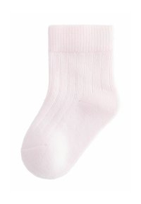Calcetín de algodón color rosa claro con textura acanalada, diseño corto hasta el tobillo y puntera sin costuras. Material suave y elástico para mayor comodidad.
