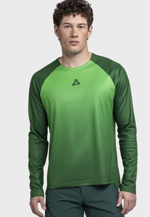 Langärmeliges Sportshirt mit grünem Farbverlauf, strukturierter Stoffoberfläche und schwarzem Logo auf der Brust. Mit Raglanärmeln.
