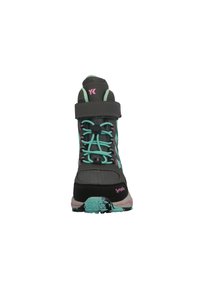 Botas de senderismo de media caña en gris con acentos en teal y rosa. Presentan una parte superior texturizada, correa ajustable y una suela de goma con patrón.