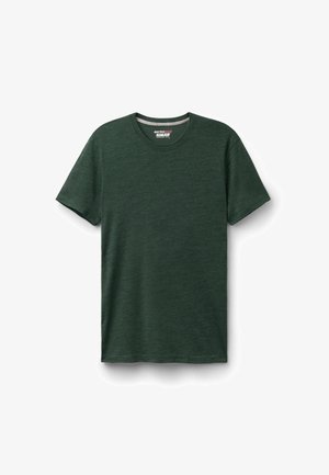 Donkergroen T-shirt met korte mouwen en ronde hals, gemaakt van merinowol, plat neergelegd tegen een witte achtergrond.