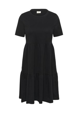 Abito nero a maniche corte realizzato in tessuto morbido, con scollatura rotonda e balze a strati all'orlo per una silhouette fluida.