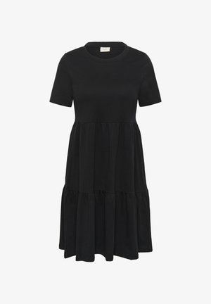 Zwarte jurk met korte mouwen, gemaakt van zacht materiaal, met een ronde halslijn en gelaagde ruffles aan de zoom voor een vloeiende silhouet.