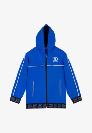 Felpa zip blu con accenti bianchi, dotata di cappuccio, due tasche laterali e un logo sul petto. Polsini e orlo a costine con motivo del logo.
