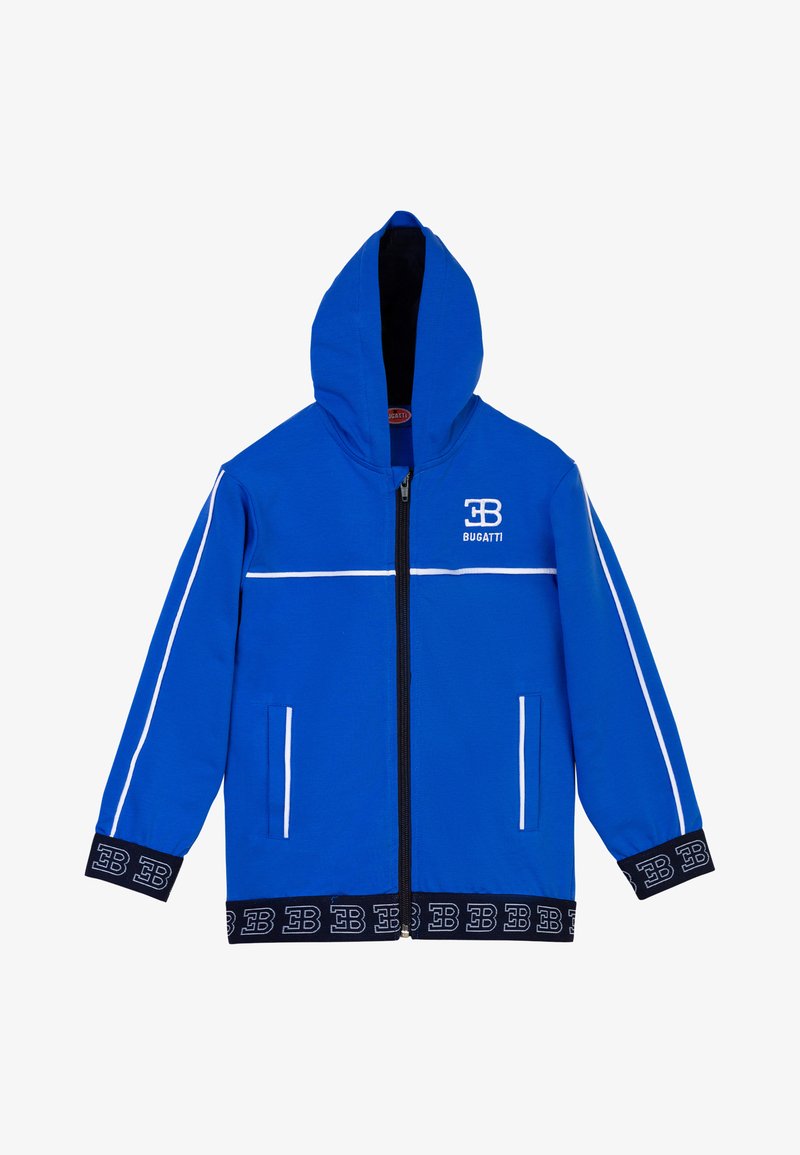 Blue zip-up hoodie with white accents, featuring a hood, two side pockets, and a logo on the chest. Ribbed cuffs and hem with logo pattern.