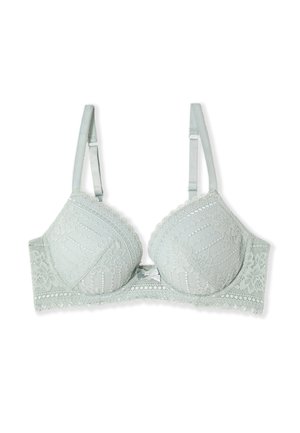 Soutien-gorge en dentelle gris clair avec bonnets rembourrés, motifs floraux, bretelles réglables et un petit nœud à l'avant.