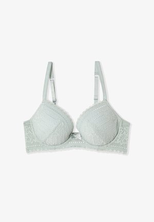 Soutien-gorge en dentelle gris clair avec bonnets rembourrés, motifs floraux, bretelles réglables et un petit nœud à l'avant.