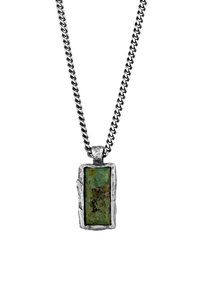 Silver-tone chain necklace featuring a rectangular green stone pendant with a textured, irregular metal setting.