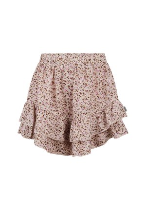 Jupe à imprimé floral avec un fond rose clair, bordure en volants et taille élastique. Fabriquée en tissu doux avec de petits motifs de fleurs.