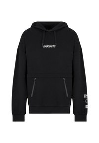 Felpa nera con cappuccio e testo bianco "INFINITY" sul petto, due tasche anteriori con zip e piccoli logo bianchi sulla manica sinistra.