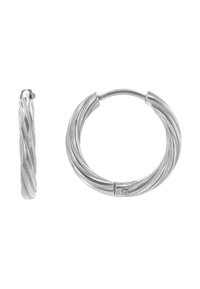 Orecchini a cerchio in argento con un design intrecciato, che presentano una finitura lucida e un meccanismo di chiusura sicuro. Inclusi cerchi piccoli e grandi.