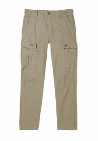 Khaki Cargo-Hosen aus Baumwolle mit mehreren Taschen, Knopfverschluss und einem lockeren Schnitt mit einer glatten Textur.