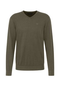 Olive green v-neck sweater, long sleeves, soft texture, ribbed cuffs and hem, subtle logo detail on the chest, made from lightweight material.