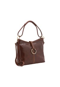 Braune Lederhandtasche mit glänzender Oberfläche, ausgestattet mit einem runden Akzent, doppelten Griffen und einem abnehmbaren Schultergurt.