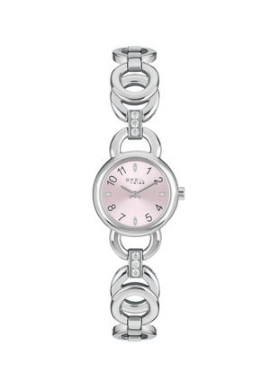 Zilverkleurig horloge met een ronde roze wijzerplaat, grote Arabische cijfers en sprankelende accenten. Beschikt over een schakelen armband ontwerp met ronde elementen.