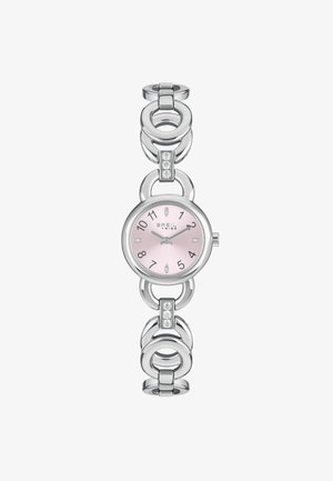 Sølvfarvet ur med en rund lyserød skive, store arabiske tal og glitrende detaljer. Uret har et armbåndsdesign med sammenkoblede cirkulære elementer.