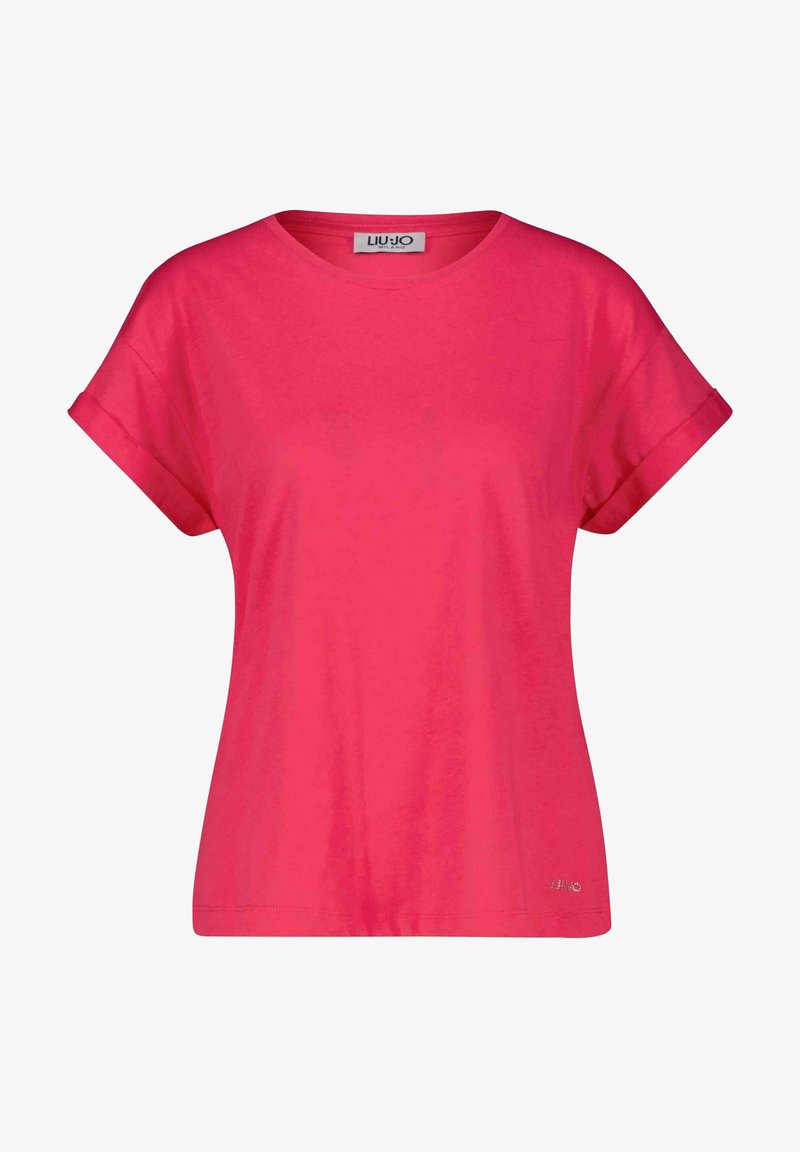 Lyserød T-shirt med korte ærmer lavet af blødt stof, crew neck design, rullede ærmer og et lille brandlogo på kanten.