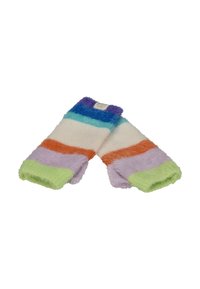 Colorful, fuzzy fingerless gloves featuring alternating stripes of purple, blue, white, orange, and green at the cuffs and base.