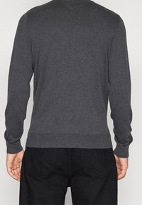 Grå långärmad tröja med V-hals, ribbade ärmslut och nederkant. Tillverkad av ett mjukt stickat material med en slät yta.