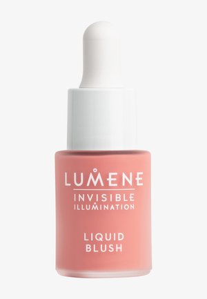 Lumene flüssiger Rouge in einer frostig rosa Flasche mit weißem Tropfer und Textetiketten. Sanfter, matter Finish, runde Form, kompaktes Design.