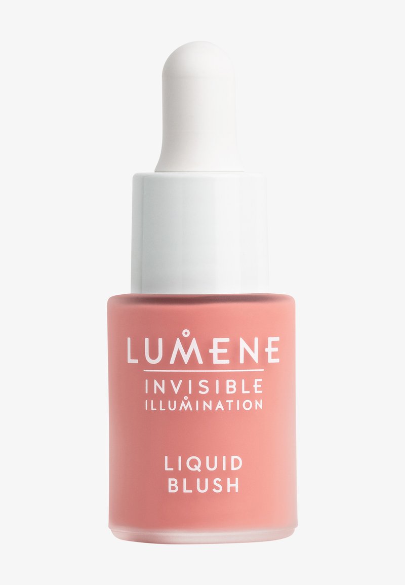 Blush líquido Lumene en un frasco rosa escarchado con gotero blanco y etiquetas de texto. Acabado mate suave, forma redondeada, diseño compacto.