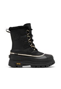 Botte noire étanche avec dessus en cuir texturé, œillets en métal doré, doublure en fausse fourrure et semelle épaisse Vibram pour une meilleure traction.