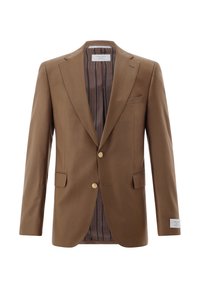 Braunes Sakko mit zwei goldenen Knöpfen, Kerbkragen, Fronttaschen und gestreiftem Innenfutter. Hergestellt aus einem glatten Stoff.