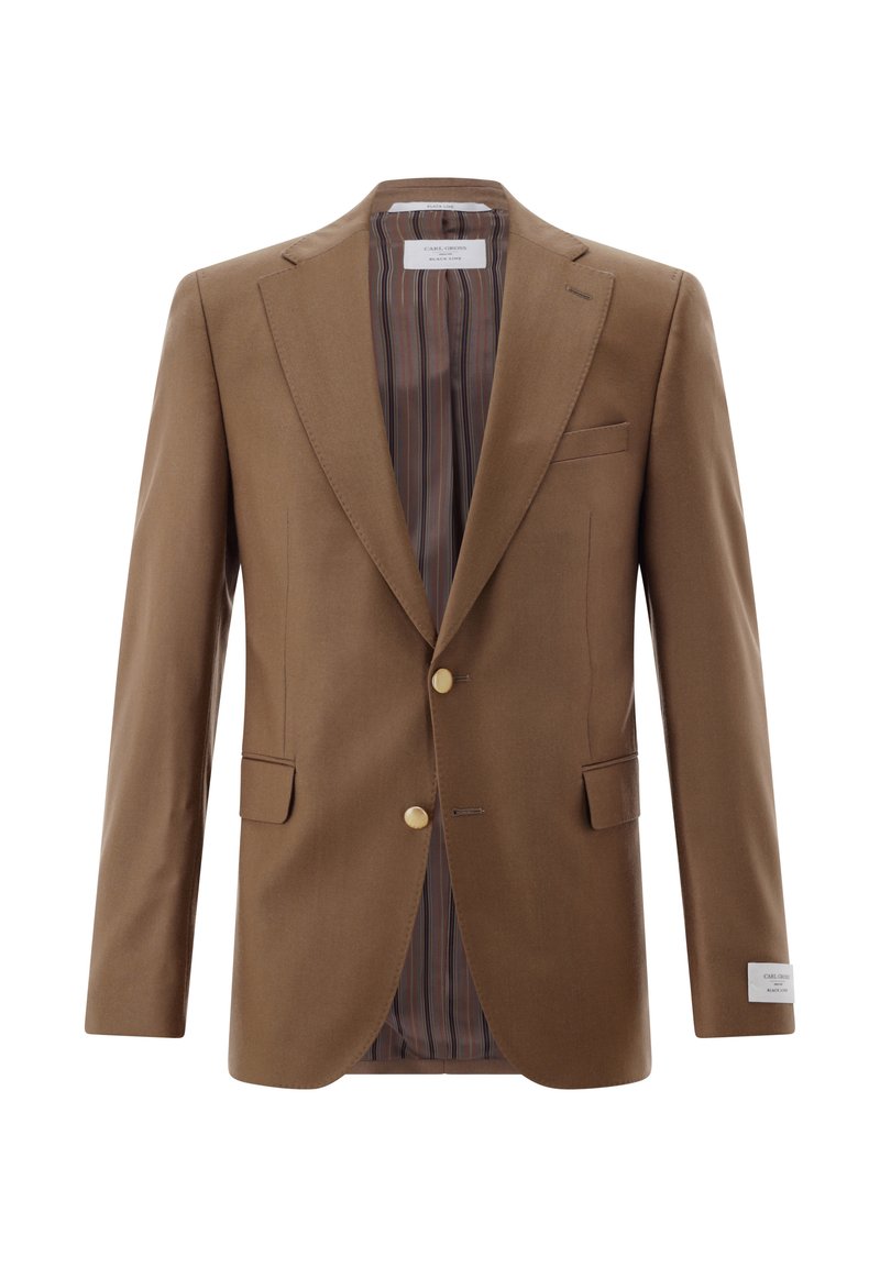 Braunes Sakko mit zwei goldenen Knöpfen, Kerbkragen, Fronttaschen und gestreiftem Innenfutter. Hergestellt aus einem glatten Stoff.