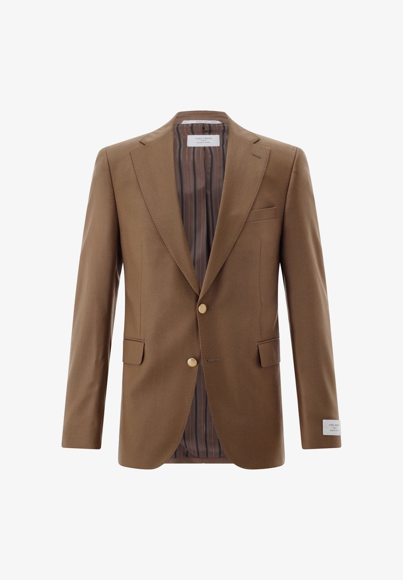 Brown blazer with two gold buttons, notched lapels, front pockets, and a striped interior lining. Made from a smooth fabric.