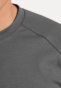 Grijze katoenen t-shirt met een ronde hals en korte raglanmouwen. Heeft een gladde textuur en dubbel gestikte naden.