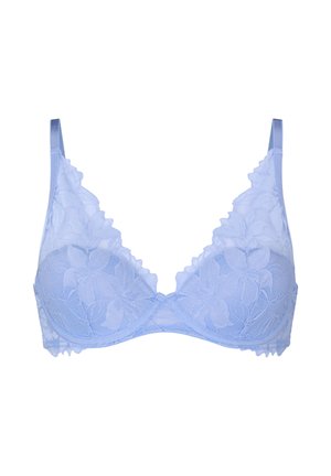Light blue lace bra with floral pattern, underwire support, and adjustable shoulder straps against white background.
